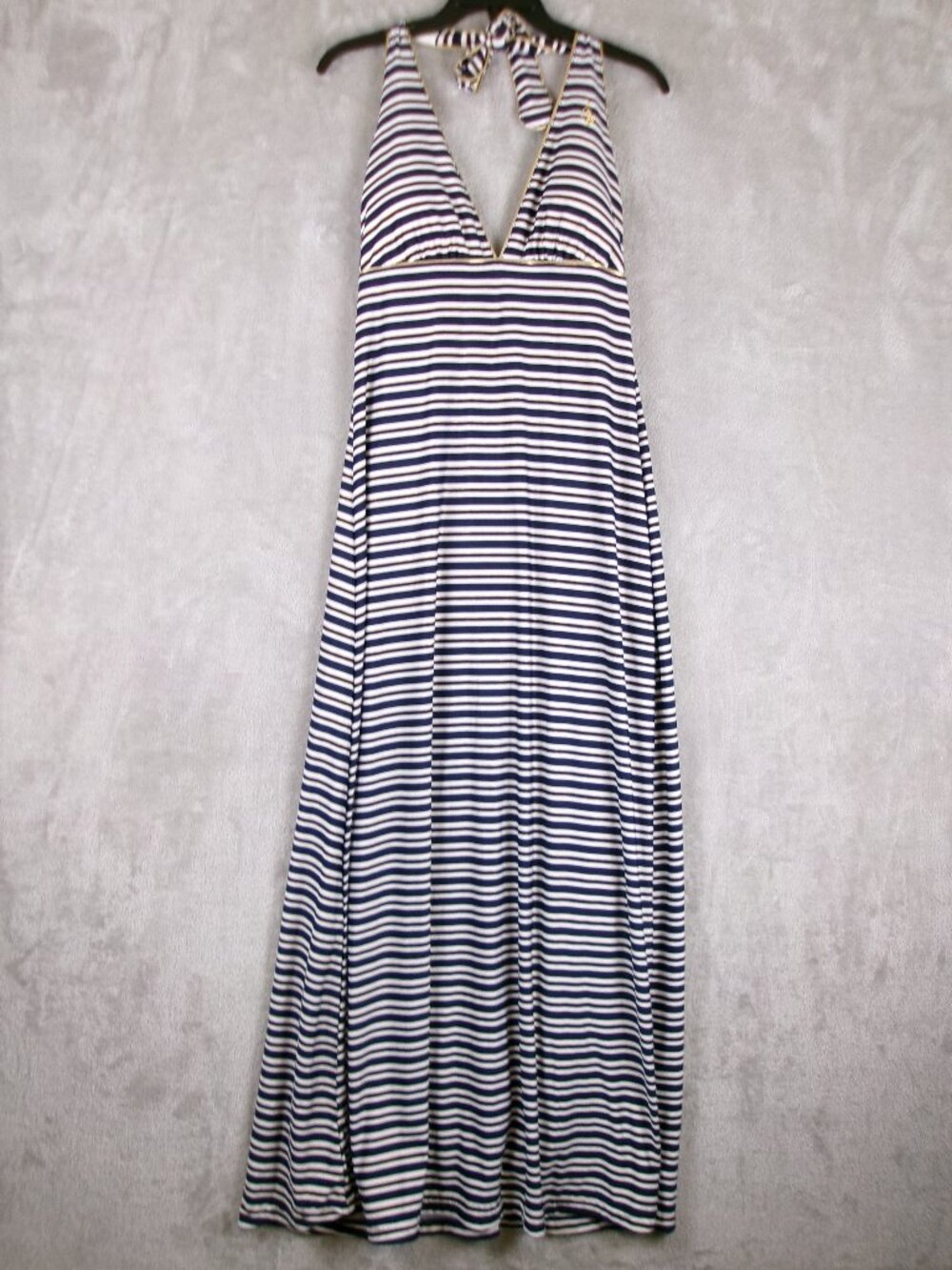 Baby Phat Navy White Striped Halter Maxi Dress Gold Trim Size L